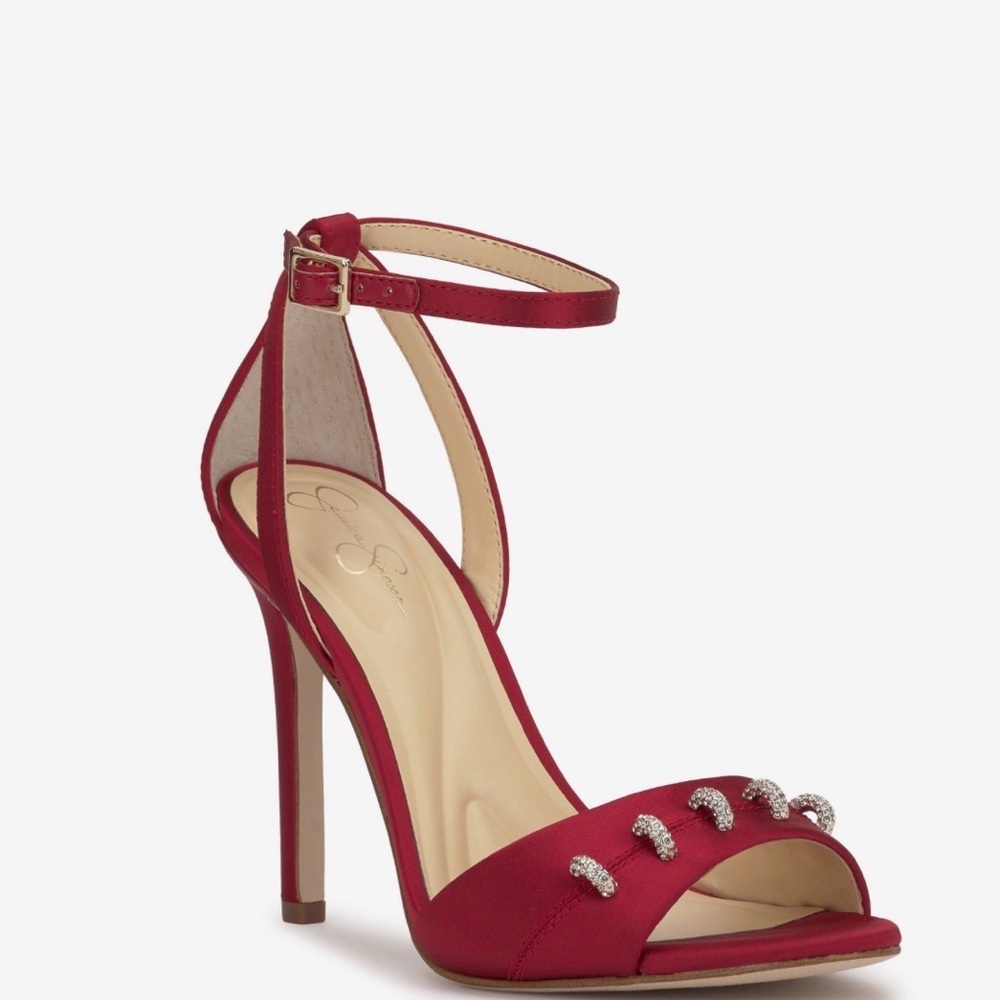 Jessica Simpson Red Satin Rhinestone-Embellished Ankle-Strap Stiletto 7.5